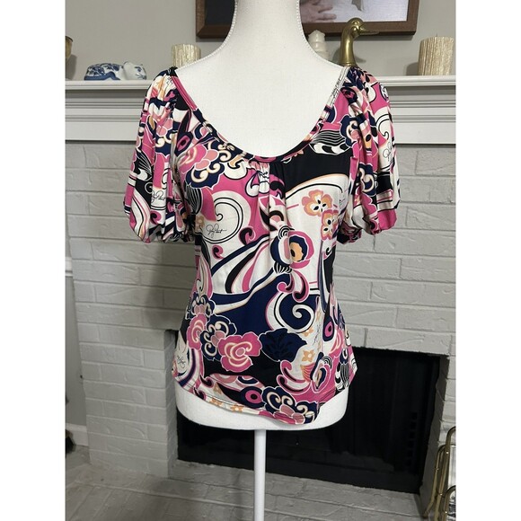 Women’s Medium Baby Phat Blouse Top Colorful Blouse With Puff Sleeves - Picture 1 of 6